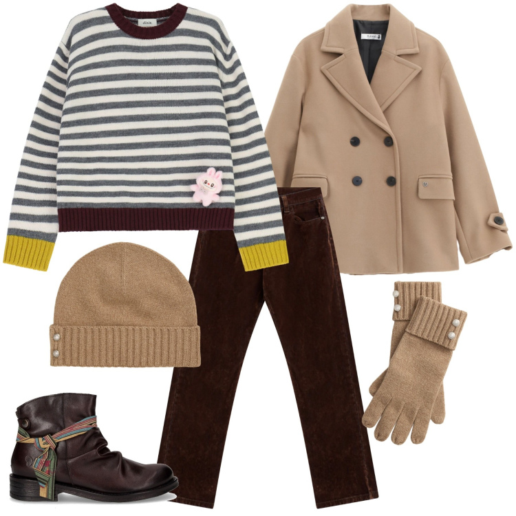 Outfit donna - Total look #2281632. Stile Urban per Tutti i giorni. Abbinamento con cappotti, pantaloni, maglieria, berretti, guanti, stivaletti chelsea.