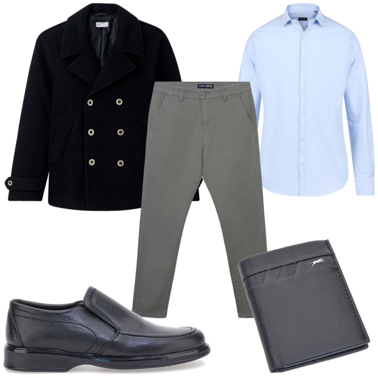 Outfit uomo - Total look #2281633. Stile Casual per Tutti i giorni. Abbinamento con cappotti, pantaloni chino, portafogli, scarpe stringate, camicie.