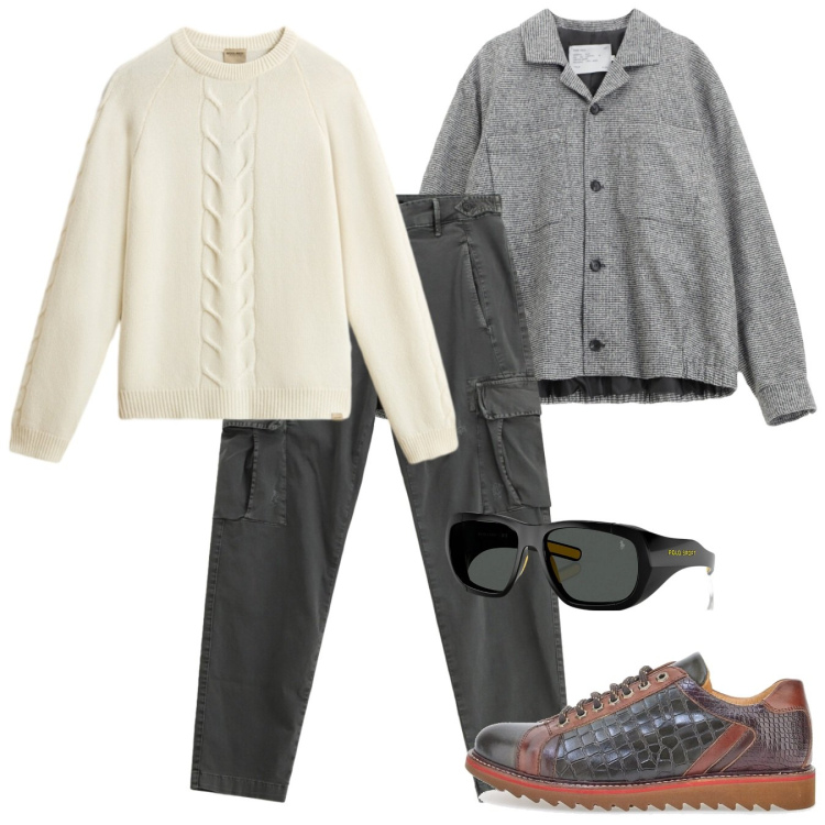 Outfit uomo - La treccia avorio. Stile Casual per Tutti i giorni. Abbinamento con cappotti, pantaloni cargo, occhiali da sole, maglieria, scarpe stringate.