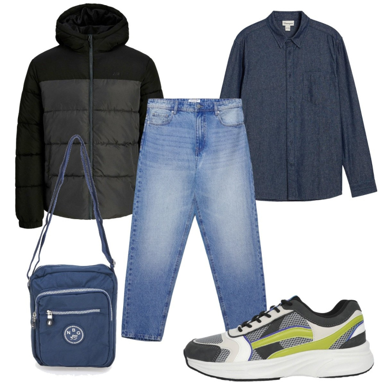 Outfit uomo - Total look #2281640. Stile Casual per Tutti i giorni. Abbinamento con piumini, camicie, sneakers, jeans, borse sportive.