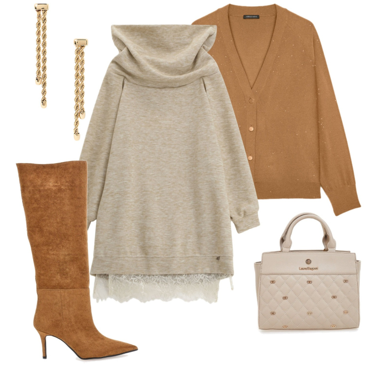 Outfit donna - Abito in maglia. Stile Casual chic per Serata fuori. Abbinamento con vestiti asimmetrici, orecchini, cardigans, stivali, borse a mano.