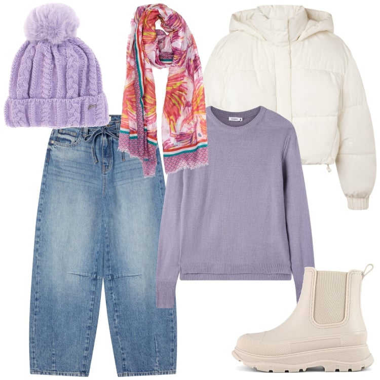 Outfit donna - Inverno a colori. Stile Basic per Tutti i giorni. Abbinamento con maglieria, jeans, bomber, stivali, sciarpe, berretti.