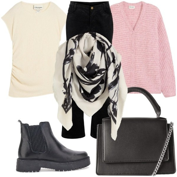 Outfit donna - Il foulard. Stile Casual chic per Ufficio. Abbinamento con foulard, pantaloni, top, cardigans, borse a tracolla, stivaletti chelsea.