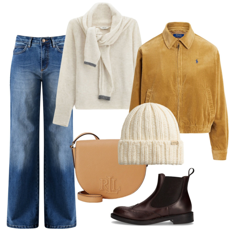 Outfit donna - Black Friday Chic. Stile Casual per Tutti i giorni. Abbinamento con jeans, maglieria, blazer, borse a tracolla, berretti, stivaletti chelsea.