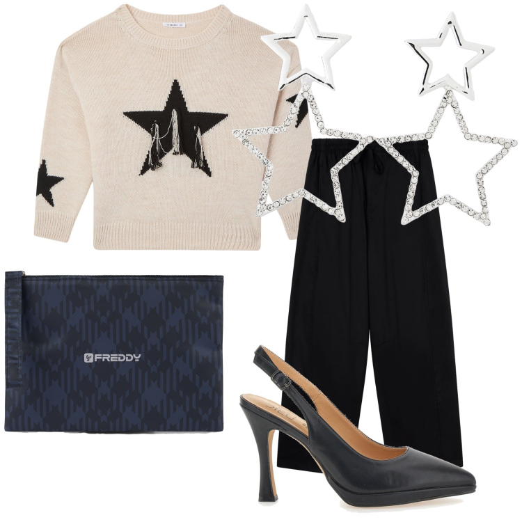 Outfit donna - Sotto le stelle. Stile Bon Ton per Serata fuori. Abbinamento con maglieria, orecchini, pantaloni, clutch, décolleté.