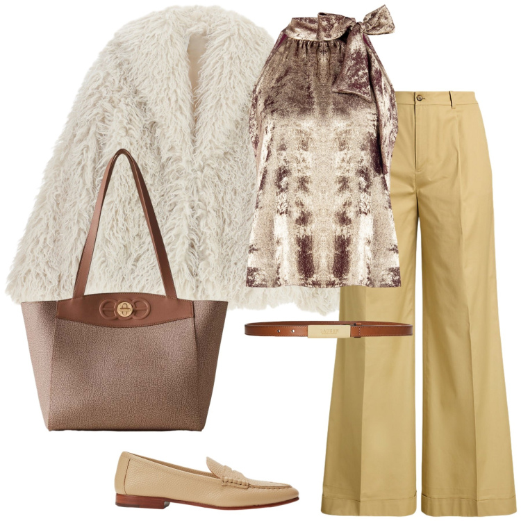 Outfit donna - Total look #2281677. Stile Casual chic per Tutti i giorni. Abbinamento con top, ecopellicce, shopping bag, pantaloni, cinture, mocassini.