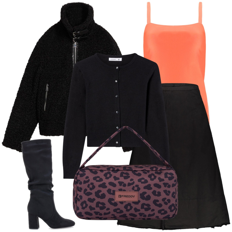 Outfit donna - A strati nell ufficio caldo. Stile Urban per Ufficio. Abbinamento con ecopellicce, cardigans, borse a spalla, canottiere, gonne lunghe, stivali sopra il ginocchio.