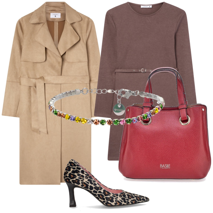 Outfit donna - A touch of red. Stile Urban per Tutti i giorni. Abbinamento con trench, vestiti midi/longuette, braccialetti, borse a mano, décolleté.