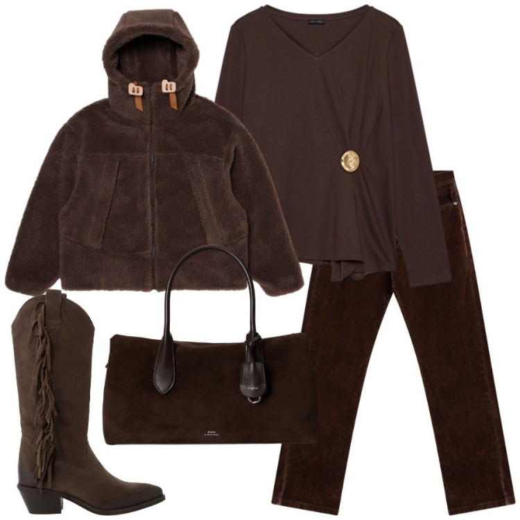 Outfit donna - Cioccolato fondente. Stile Urban per Tutti i giorni. Abbinamento con pantaloni, stivali, borse a mano, parka, t-shirt.