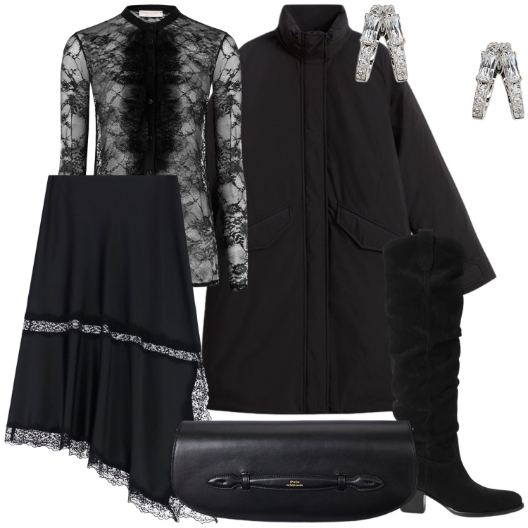 Outfit donna - Un po’ eccessivo ma chic. Stile Trendy per Serata fuori. Abbinamento con camicie, gonne lunghe, blazer, stivaletti, orecchini, clutch.