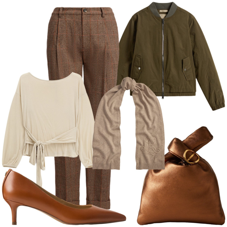 Outfit donna - Total look. Stile Urban per Ufficio. Abbinamento con borse a mano, top, pantaloni, sciarpe, décolleté, bomber.