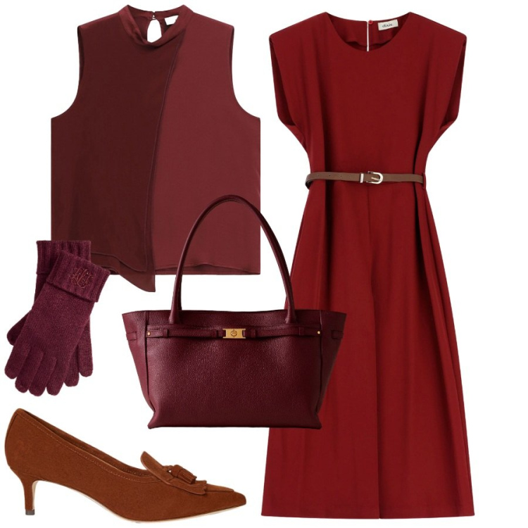 Outfit donna - Rosso ciliegia. Stile Chic per Ufficio. Abbinamento con shopping bag, top, tute, décolleté, guanti.