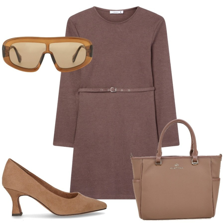 Outfit donna - Mocha mousse al lavoro. Stile Chic per Ufficio. Abbinamento con vestiti midi/longuette, occhiali da sole, borse a tracolla, décolleté.