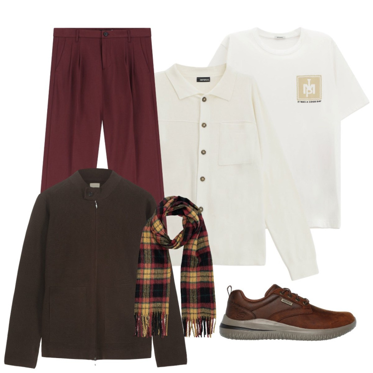 Outfit uomo - Total look #2281698. Stile Casual per Tutti i giorni. Abbinamento con pantaloni, t-shirt, cardigans, scarpe stringate, sciarpe, bomber.