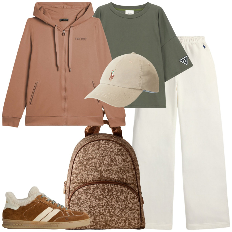 Outfit donna - Giornata relax. Stile Sporty chic per Tutti i giorni. Abbinamento con felpe sportive, t-shirt, zaini, sneakers, pantaloni sportivi, cappelli.