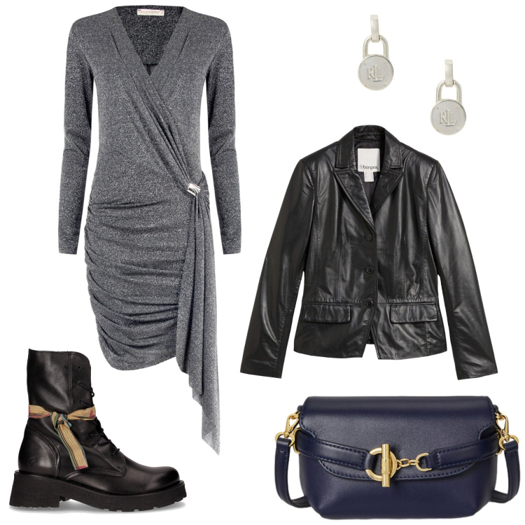 Outfit donna - Serata in discoteca. Stile Glamour per Serata fuori. Abbinamento con blazer, vestiti a tubino, borse a tracolla, orecchini, anfibi.