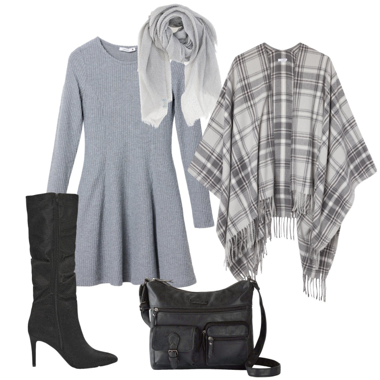 Outfit donna - Grigio in novembre. Stile Urban per Serata fuori. Abbinamento con borse a tracolla, cappotti, stivali, vestiti corti, foulard.