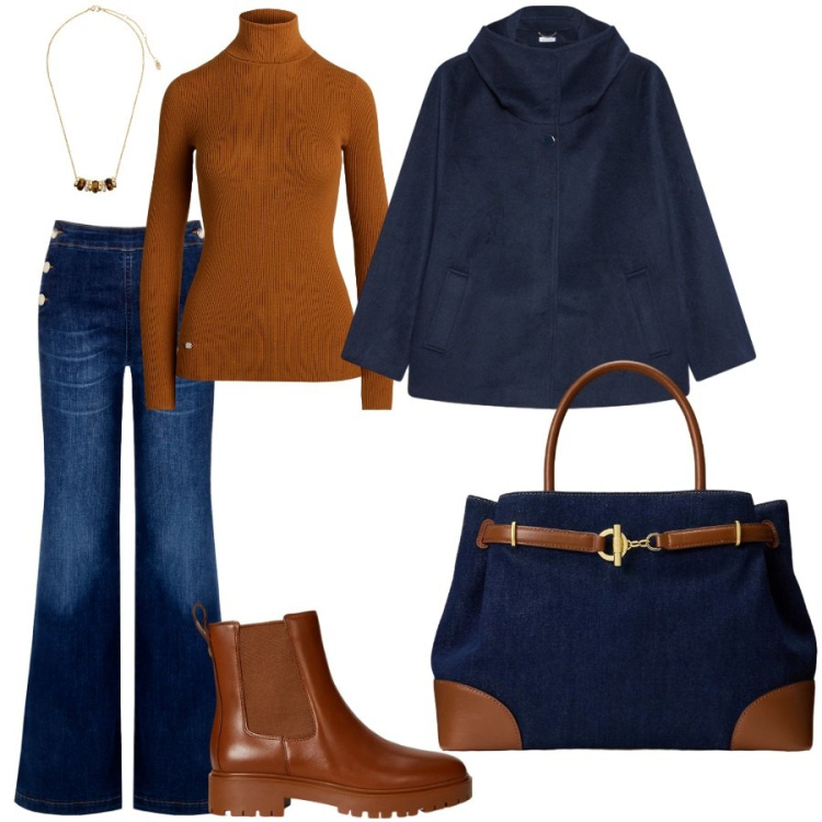 Outfit donna - La mia combo colori preferita. Stile Casual chic per Ufficio. Abbinamento con jeans, stivaletti chelsea, collane, maglieria, borse a mano, caban.
