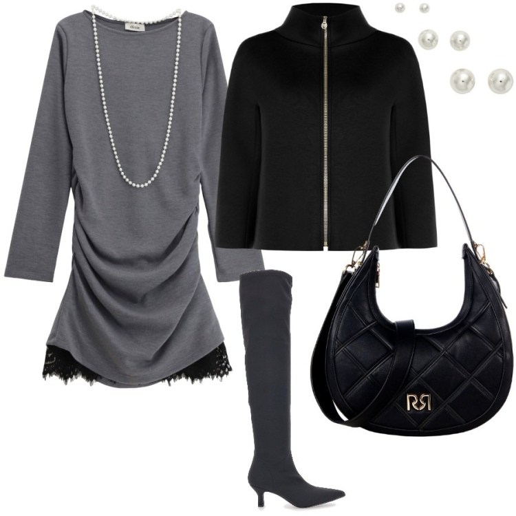 Outfit donna - Saturday. Stile Glamour per Serata fuori. Abbinamento con borse a tracolla, cappe, vestiti lunghi, orecchini, stivali.