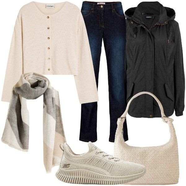 Outfit donna - bonprix - SINGLES\' DAY. Stile Casual chic per Tutti i giorni. Abbinamento con parka, cardigans, jeans dritti, sneakers, shopping bag, foulard.