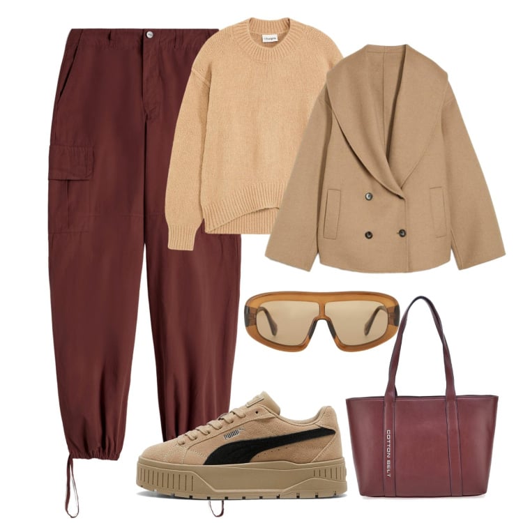 Outfit donna - Bordeaux e cammello!. Stile Casual per Scuola/Università. Abbinamento con maglieria, blazer, occhiali da sole, pantaloni cargo, sneakers, shopping bag.