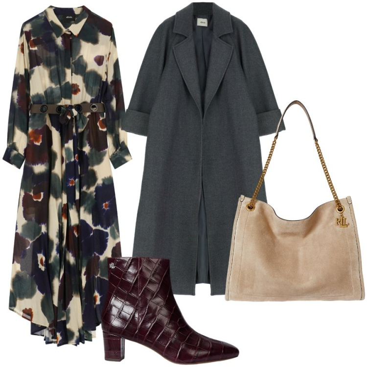 Outfit donna - Abito lungo. Stile Casual chic per Ufficio. Abbinamento con vestiti lunghi, cappotti, borse tote, stivaletti.