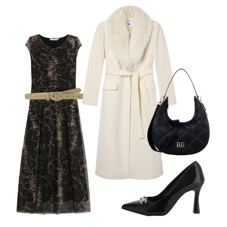 Outfit donna - A teatro. Stile Bon Ton per Serata fuori. Abbinamento con vestiti lunghi, borse a tracolla, cinture, cappotti, décolleté.