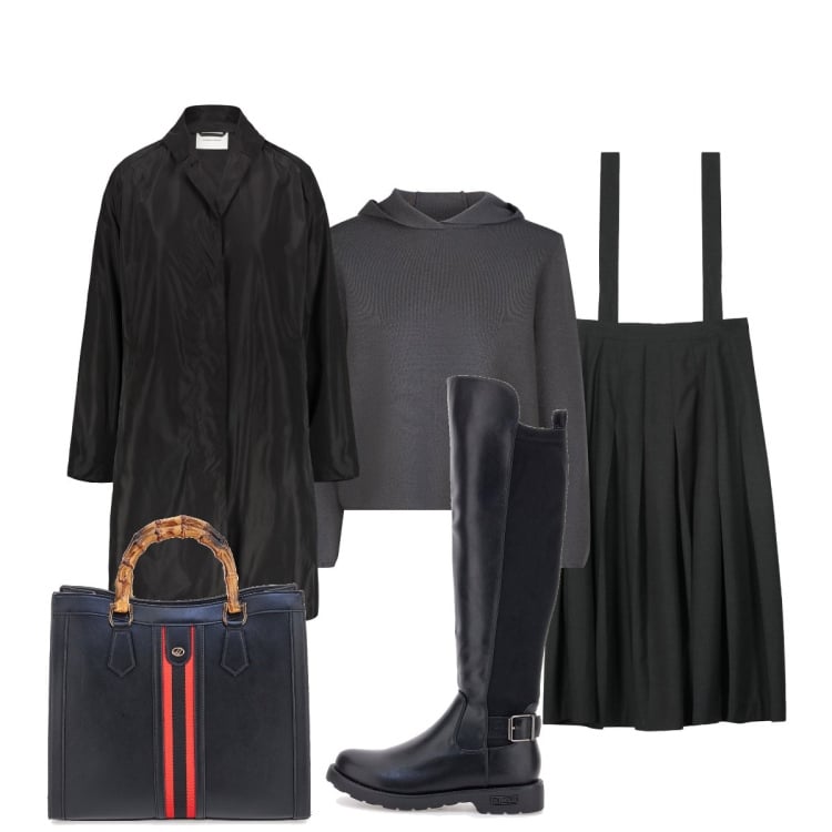 Outfit donna - Total look #2281725. Stile Minimal per Ufficio. Abbinamento con gonne lunghe, trench, stivali, borse a spalla, maglieria.