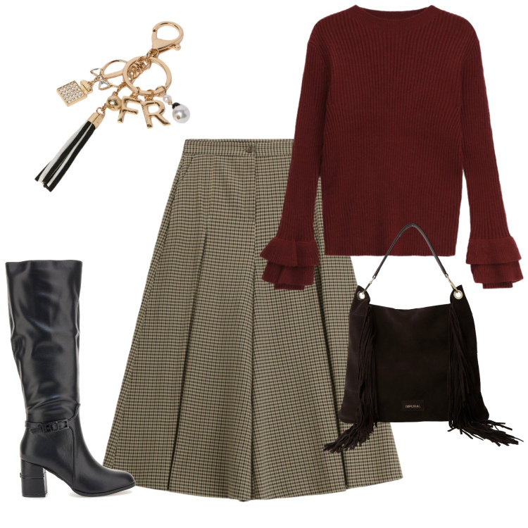 Outfit donna - Imperial. Stile Urban per Tutti i giorni. Abbinamento con borse a spalla, maglieria, pantaloni a palazzo, portachiavi, stivali.