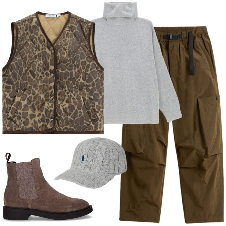 Outfit donna - Gilet animalier e pantaloni cargo. Stile Military per Tutti i giorni. Abbinamento con gilet, maglieria, cappelli, pantaloni cargo, stivaletti chelsea.