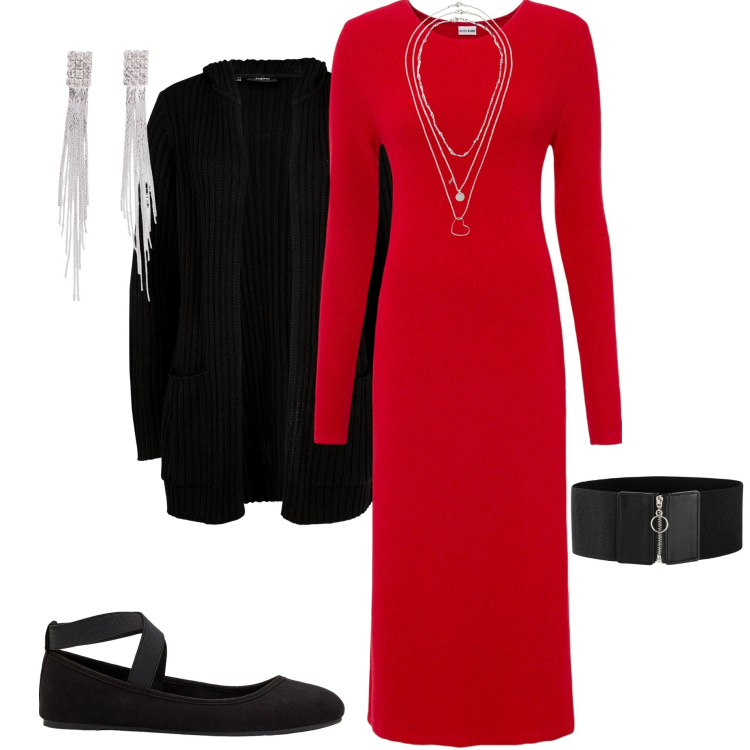 Outfit donna - Feste in casa con Bonprix. Stile Chic per Serata fuori. Abbinamento con vestiti, ballerine, cardigans, cinture, orecchini, collane.