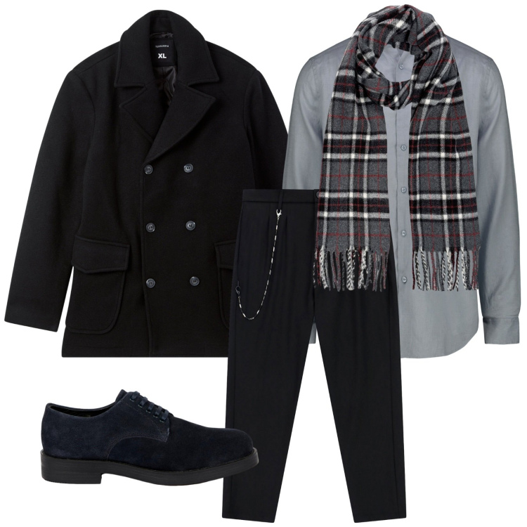 Outfit uomo - Appuntamento galante. Stile Trendy per Serata speciale. Abbinamento con caban, pantaloni, camicie, scarpe stringate, sciarpe.