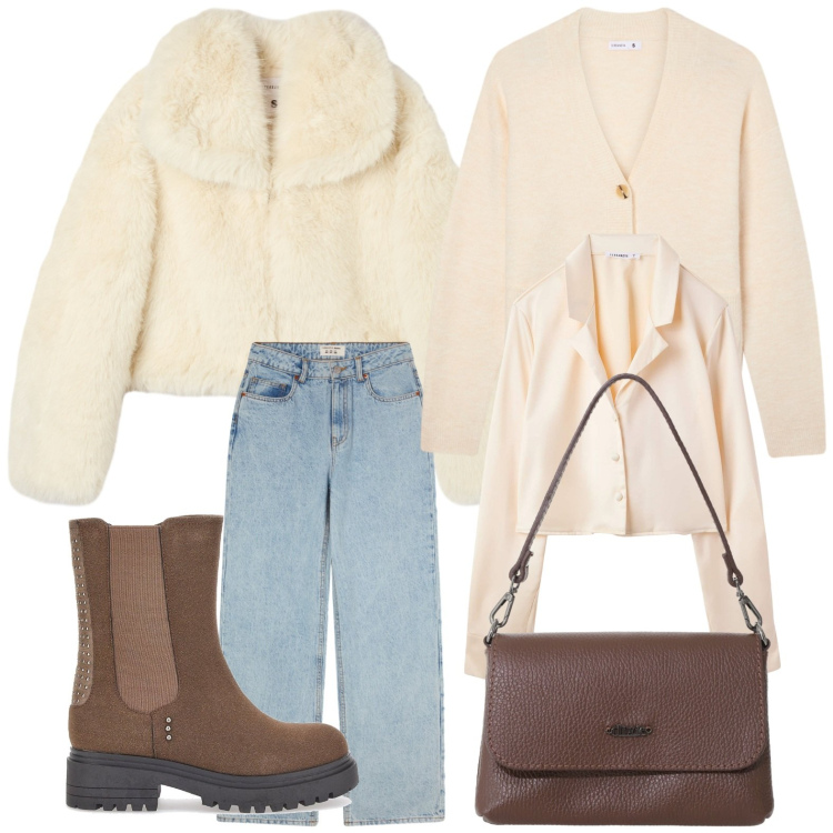 Outfit donna - La magia degli strati. Stile Minimal per Tutti i giorni. Abbinamento con jeans, cardigans, ecopellicce, camicie, borse a tracolla, stivaletti chelsea.