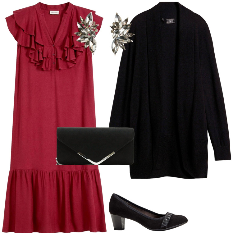 Outfit donna - Bonprix day ti night. per Serata fuori. Abbinamento con vestiti midi/longuette, cardigans, décolleté, orecchini, pochette.