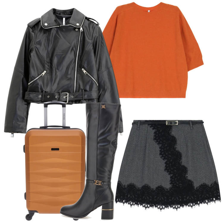 Outfit donna - Fall. Stile Chic per Tutti i giorni. Abbinamento con minigonne, giacche, maglieria, valigie, stivali.