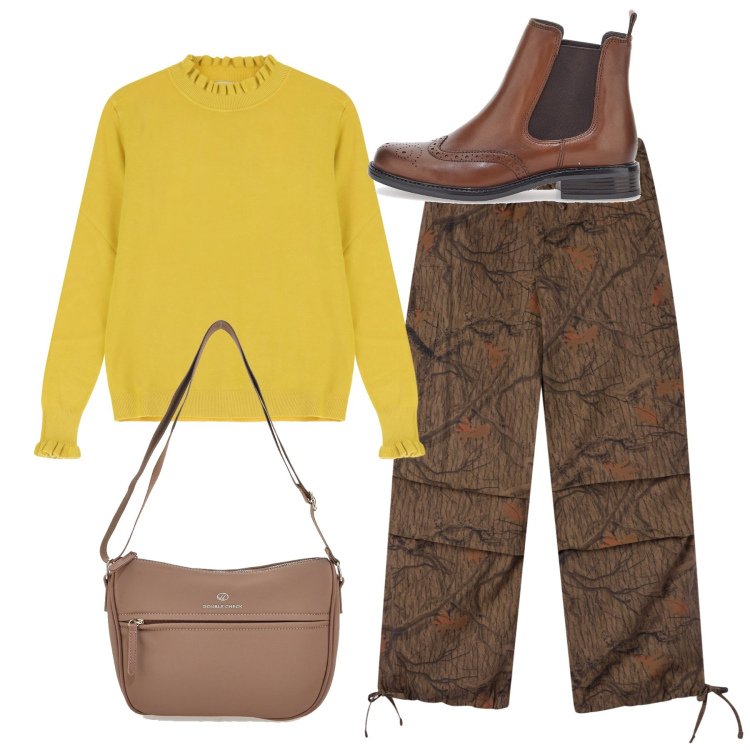 Outfit donna - Pretty Military. Stile Urban per Scuola/Università. Abbinamento con pantaloni cargo, maglieria, stivaletti chelsea, borse a tracolla.