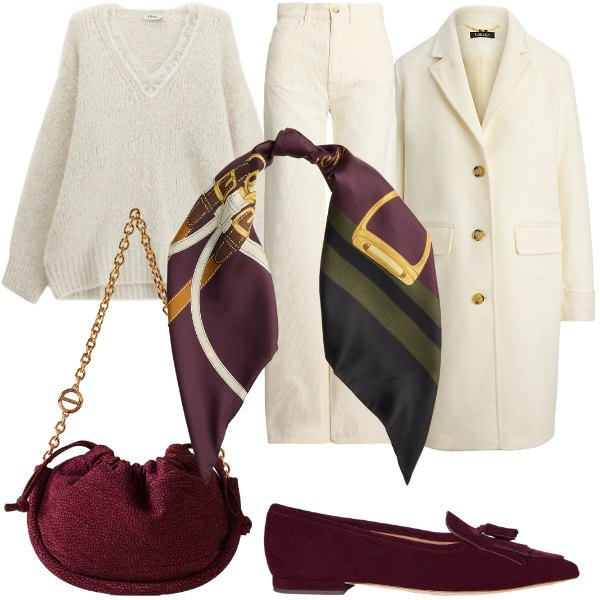 Outfit donna - Il foulard per l\'autunno. Stile Glamour per Serata fuori. Abbinamento con borse a spalla, maglieria, pantaloni, cappotti, ballerine, foulard.