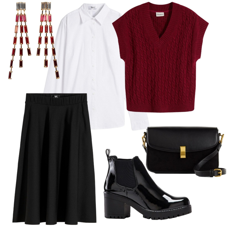 Outfit donna - Bonprix day to night. per Tutti i giorni. Abbinamento con camicie, gonne longuette, stivaletti, orecchini, maglieria, borse a mano.