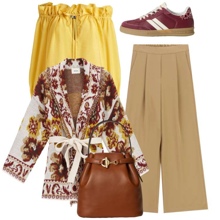 Outfit donna - Autunno con il cardigan. Stile Bon Ton per Tutti i giorni. Abbinamento con cardigans, pantaloni a palazzo, vestiti, borse a secchiello, sneakers.