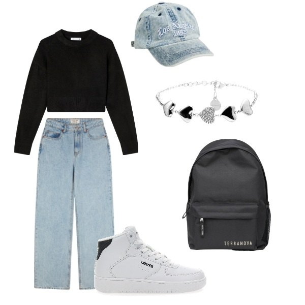 Outfit donna - sempre alla moda. Stile Casual per Tutti i giorni. Abbinamento con cappelli con visiera, zaini, jeans, maglieria, braccialetti, sneakers.