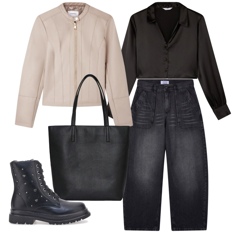 Outfit donna - Dark city. Stile Urban per Serata fuori. Abbinamento con borse tote, camicie, giacche, jeans, anfibi.