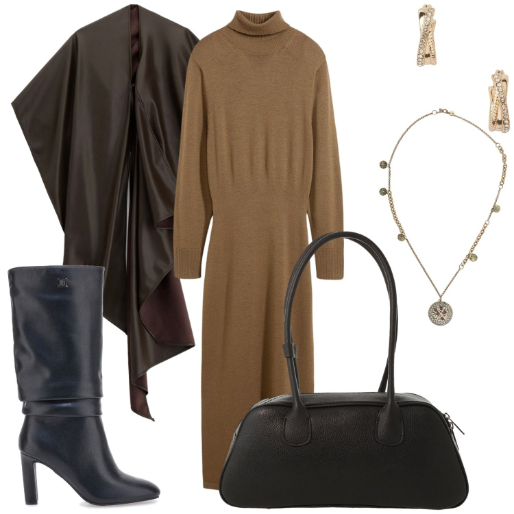 Outfit donna - La giornata lavorativa. Stile Trendy per Tutti i giorni. Abbinamento con vestiti, cappe, borse a mano, ciondoli, orecchini, stivali.