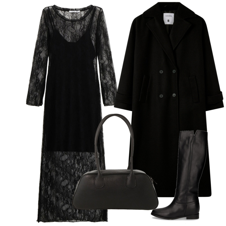 Outfit donna - Serata. Stile Chic per Serata fuori. Abbinamento con vestiti lunghi, cappotti, borse a mano, stivali.