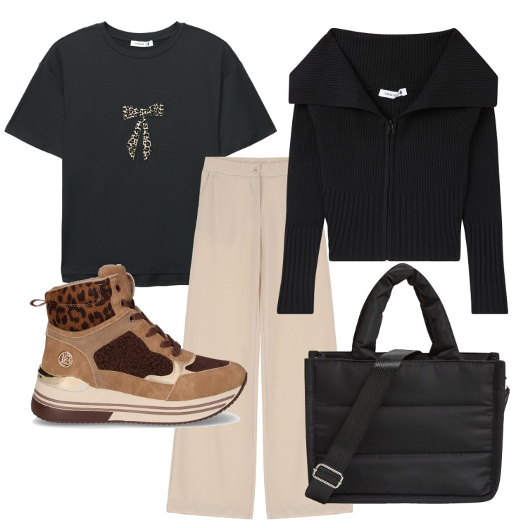 Outfit donna - Tutto in saldo. Stile Casual chic per Scuola/Università. Abbinamento con shopping bag, t-shirt, cardigans, pantaloni, sneakers alte.