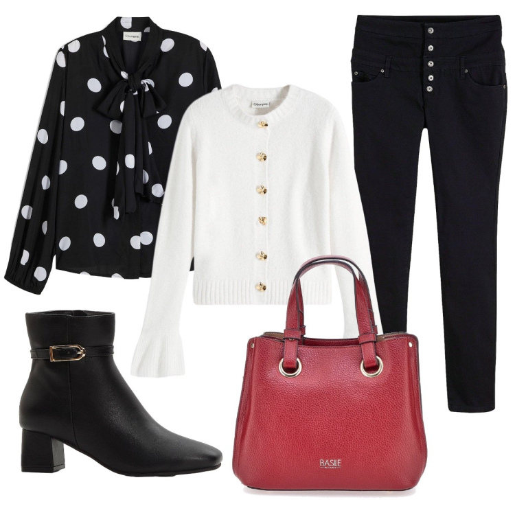 Outfit donna - In saldo per l’ufficio. Stile Bon Ton per Ufficio. Abbinamento con pantaloni skinny, camicie, stivaletti, cardigans, borse a mano.