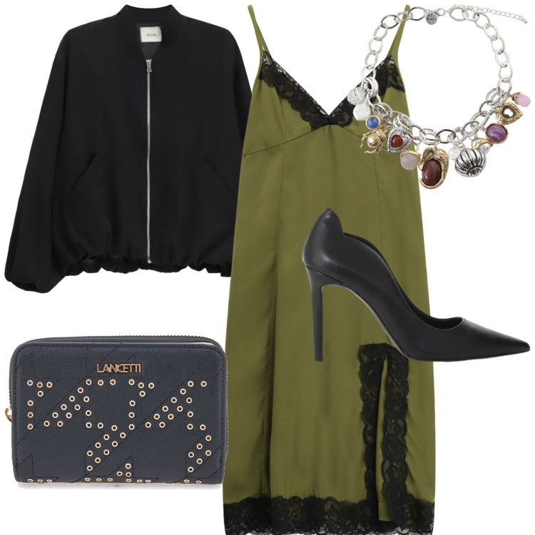 Outfit donna - La mia serata con lui. Stile Glamour per Serata fuori. Abbinamento con braccialetti con ciondoli, vestiti midi/longuette, bomber, décolleté, portafogli.