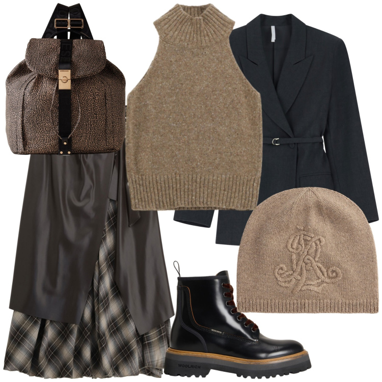 Outfit donna - Total look. Stile Trendy per Tutti i giorni. Abbinamento con blazer, zaini, top, gonne lunghe, berretti, anfibi.