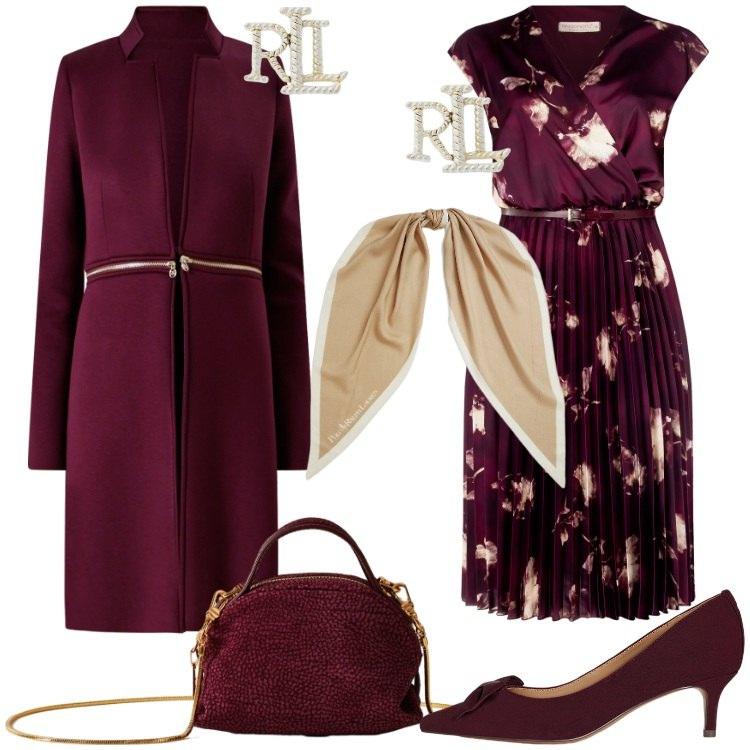 Outfit donna - Black Friday Chic. Stile Chic per Serata fuori. Abbinamento con cappotti, vestiti midi/longuette, borse a mano, orecchini, foulard, décolleté.