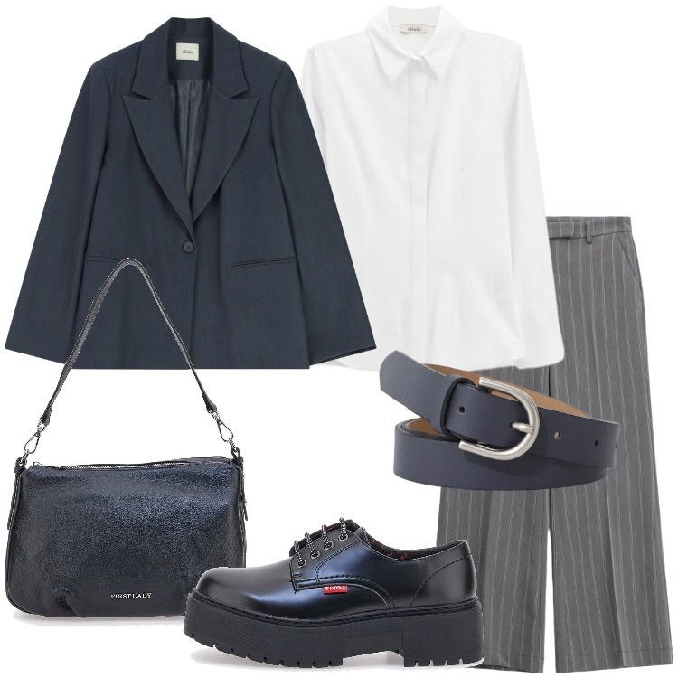 Outfit donna - Lines of Style. Stile Trendy per Ufficio. Abbinamento con pantaloni a palazzo, camicie, cinture, blazer, francesine, borse a spalla.