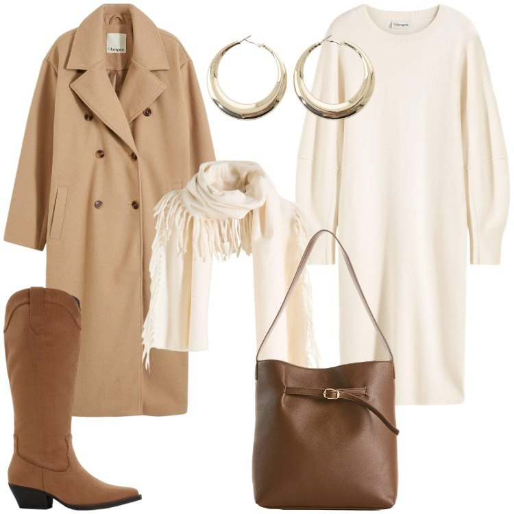 Outfit donna - Comfy autunnale - Donna Curvy Italy. Stile Basic per Tutti i giorni. Abbinamento con vestiti, sciarpe, cappotti, stivali, borse a mano, orecchini.